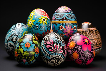 Fototapeta na wymiar Whimsical Easter eggs painted in bright, cheerful colors, adorned with playful patterns and whimsical characters, adding a touch of magic to the holiday celebration.