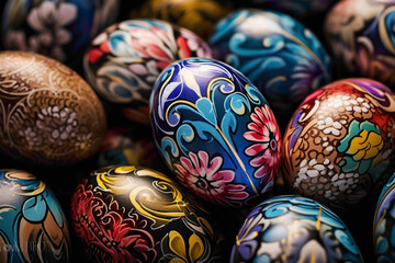 Fototapeta na wymiar A close-up view of intricately painted Easter eggs, each one a unique expression of artistry and imagination, capturing the essence of the holiday.