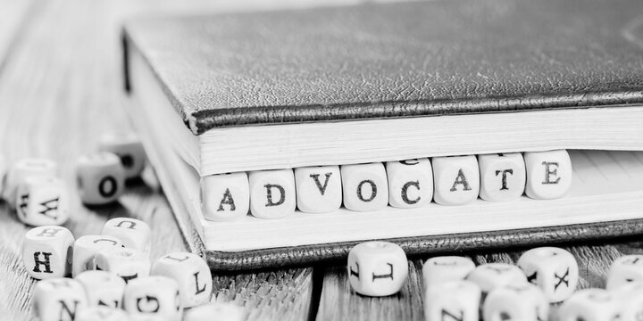 Word "ADOCATE" made with wood building blocks.