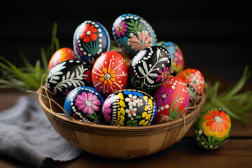 Fototapeta na wymiar A collection of charming Easter eggs, each painted with whimsical designs and vibrant colors, nestled in a rustic basket.