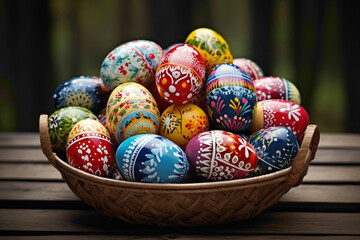 Fototapeta na wymiar A collection of charming Easter eggs, each painted with whimsical designs and vibrant colors, nestled in a rustic basket.