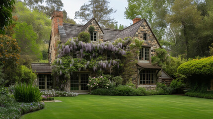 Framed by cascading wisteria vines and a perfectly manicured lawn this cottage garden house boasts a clic design with a touch of oldworld charm.