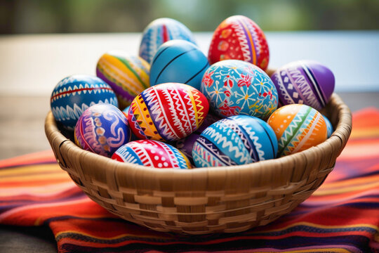A colorful array of Easter eggs arranged in a wicker basket, showcasing a delightful mix of patterns, stripes, and swirls.