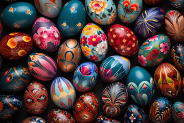 A festive display of Easter eggs in all shapes and sizes, painted in a kaleidoscope of colors and...