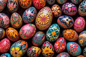 A festive display of Easter eggs in all shapes and sizes, painted in a kaleidoscope of colors and patterns, creating a feast for the eyes.