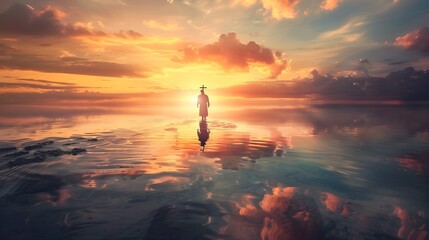 Man standing on the edge of the ocean with a beautiful sunset in the background
