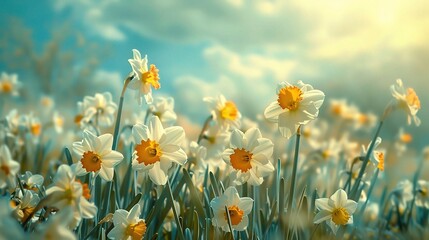 Abstract daffodils and narcissus in beautiful natural landscape in summer, easter and spring