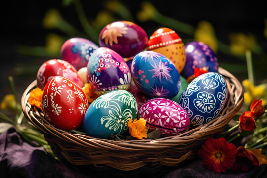 A vibrant collection of Easter eggs displayed in a rustic basket, each one a unique work of art, bursting with color and creativity, heralding the arrival of spring.