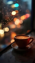 Obraz premium coffee with bokeh background and copy space for text, cup of coffee photo with blur circle light particles, coffee background and wallpaper