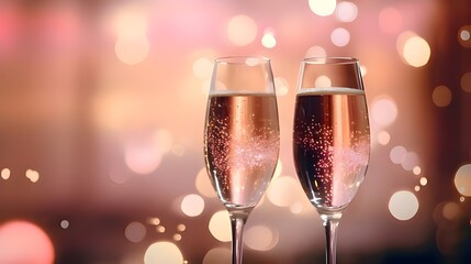 Elegant Celebration with Sparkling Champagne Glasses on Pink and Gold Bokeh Background, Perfect for Luxury Parties, Anniversaries, and Special Occasions. Image Features Two Stylish Crystal Wineglasses