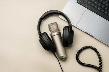 Headphones and microphone on the table close up