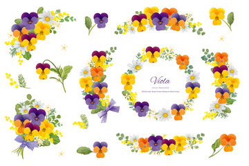 水彩で描いた可愛いビオラと春の花のフレームセット