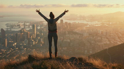 Silhouette of a Confident Woman Standing on a Hill at Sunrise Overlooking a Panoramic Cityscape, Symbolizing Hope and Ambition
