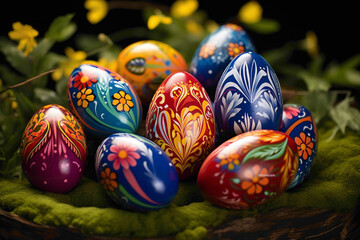 Fototapeta na wymiar Intricately decorated Easter eggs nestled among lush green grass, their vibrant colors reflecting the beauty of nature's springtime palette.