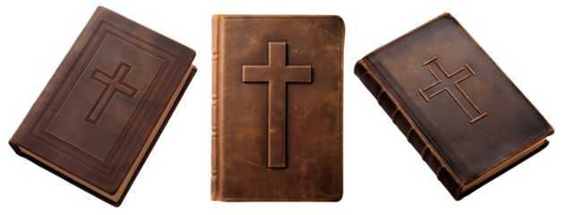 Collection of modern bibles. bible, top view and side view. isolated on a transparent background.