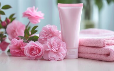 Obraz na płótnie Canvas Pink Skincare Tube With Fresh Roses Next to Soft Towels on a Bright Day