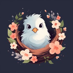 A painted cute blue chick in a nest with flowers on a dark background