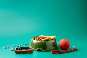 Dog dry food in bowl, toy ball and leash on green background