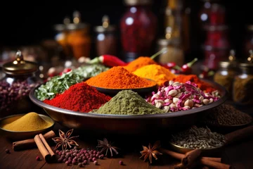 Foto auf Leinwand Wooden table of colorful spices of Zanzibar  © STORYTELLER