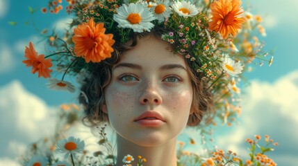 Portrait of a beautiful young girl in flowers close-up