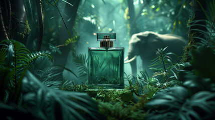 Blank serum or perfume packaging in the dense forest that has A large forest elephant is nearby for a product presentation on a dense forest background. - obrazy, fototapety, plakaty
