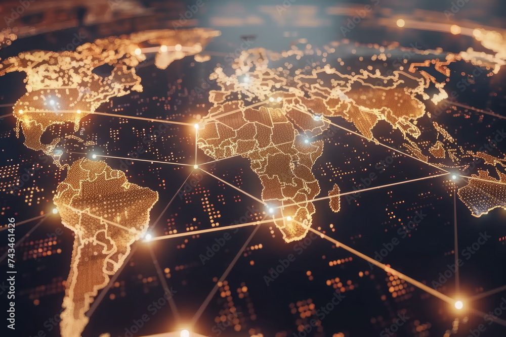 Poster global communication and international connections. world map with connected lines and dots