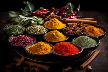 Gartenposter Wooden table of colorful spices of Zanzibar  © STORYTELLER