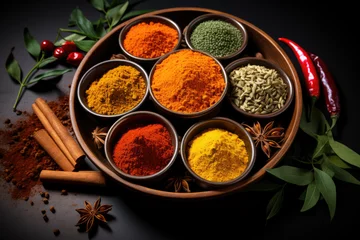 Foto auf Acrylglas Wooden table of colorful spices of Zanzibar  © STORYTELLER