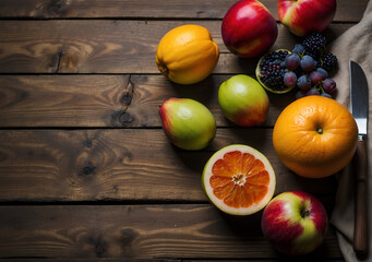 Obraz na płótnie Canvas Fruits and berries on a rustic wooden table. Website banner with copy space. Organic food background.