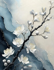 Obraz przedstawiający kwitnącą gałąź , malowany tuszem chińskim na akwarelowym tle, tapeta generative ai - obrazy, fototapety, plakaty