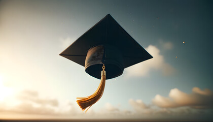 a graduation cap thrown up in the sky, the smooth matte texture of the cap against a backdrop of soft natural light