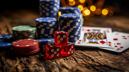 Casino chips and red gaming dice and poker cards, on dark background with bokeh, blur golden background. Concept of casino game poker, card playing, gambling chips banner backdrop background - Powered by Adobe