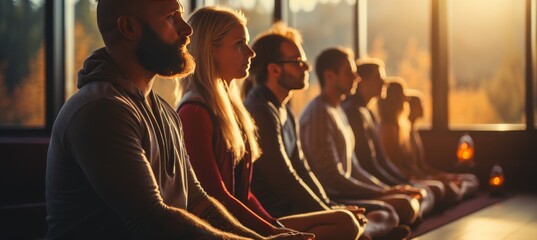 Group meditation in yoga studio, breath exercise, men and women meditating and breathing with closed eyes, breathwork concept