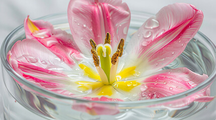 Single pink tulip flower in glass with water.