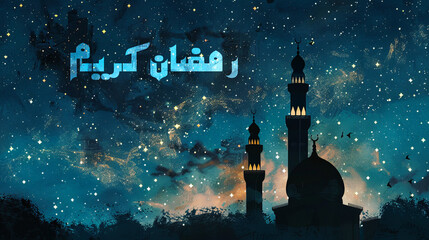 Masjid with dark blue and golden glowing particles background. Ramadan Kareem celebration banner.