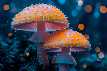 Magically Illuminated Mushrooms in a Dark Forest - obrazy, fototapety, plakaty