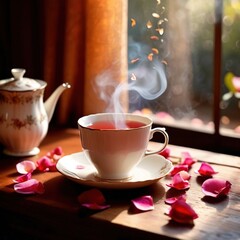 Romantic elegant cup of tea with flower petals
