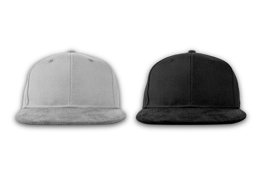 Fitted black hat from different angles isolated on a white background. Front, top, back and side view of black cap.Blank baseball snap back cap color black on white background. 3d rendering.