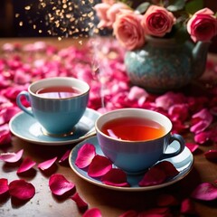 Fototapeta na wymiar Romantic elegant cup of tea with flower petals