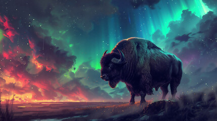 A bull under the sky with aurora