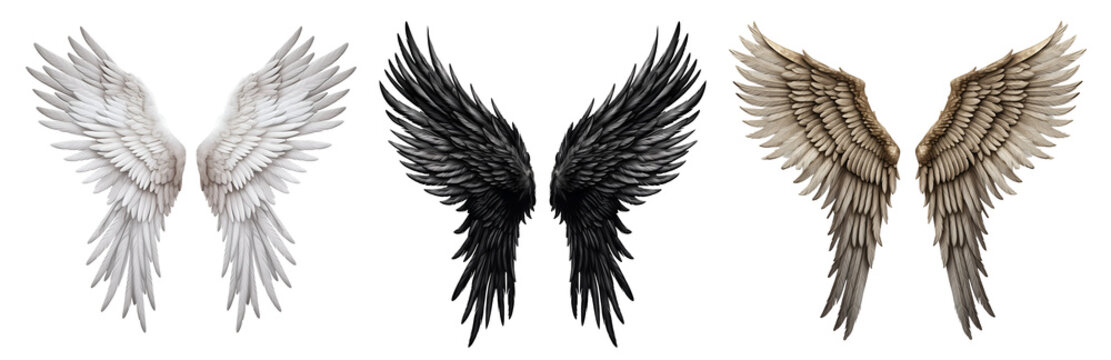 Set of white black, ancient relic historical bonze, angel devil wings on transparent background cutout, PNG file. Mockup template for artwork graphic design
