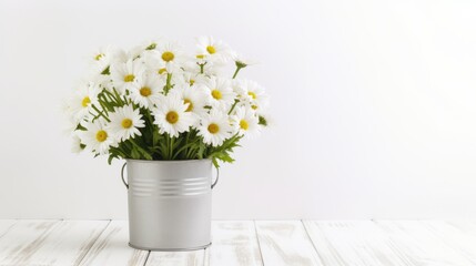 White daisies in a vase on a white background.