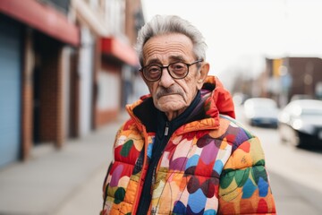 Portrait of an old man with glasses on a city street.