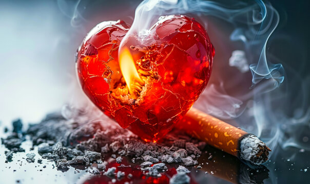 Conceptual image of a red heart damaged by a burning cigarette, symbolizing the harmful effects of smoking on heart health and the risk of heart disease