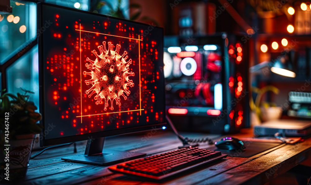 Poster computer monitor on a desk in a dimly lit office displaying a red alert warning of virus detected wi