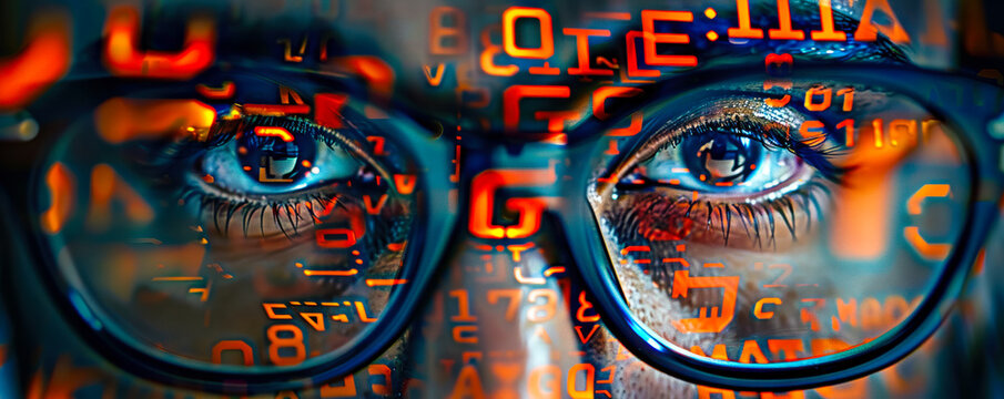 Human eye peering through glasses, surrounded by an array of floating, three-dimensional letters in a cryptic pattern symbolizing vision, knowledge, and the search for meaning in language