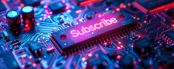 Illuminated Subscribe button on a vibrant circuit board, digital subscription concept, technology background, social media engagement, call to action