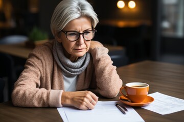 Elderly mature woman holding a receipt trying to read it and understand the problem, old lady managing account finances on vintage kitchen background