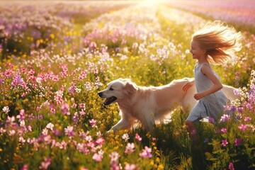 Girl kid with dog running on nature in a field of flowers on a summer day at sunset