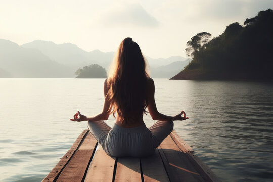 Facing back young woman practicing meditation or yoga, sitting on a wooden pier on the shore of a beautiful mountain lake at sunrise or sunset.